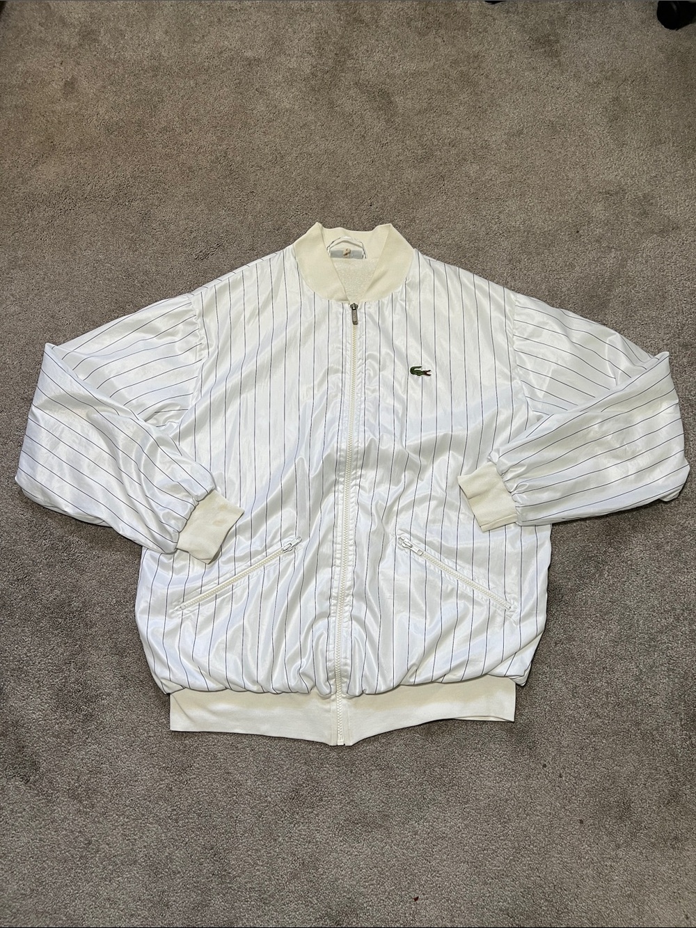 Lacoste White Pinstripe Bomber Jacket with Green Croc Logo